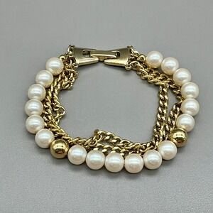 Faux Pearl Bracelet Gold Tone Multi Strand Chain Statement Jewelry 7.5"